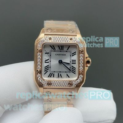 Swiss Clone Cartier Santos Mini Rose Gold Diamond Ladies' Watch 